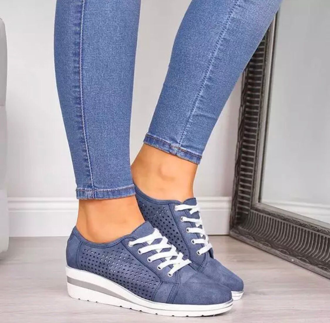 Comfortable wedge openwork breathable lace-up casual sneakers - fits