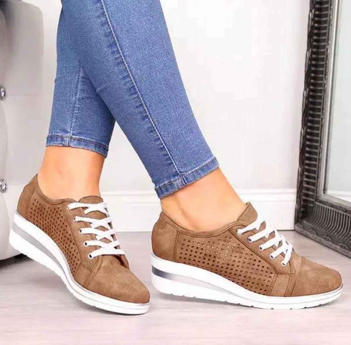 Comfortable wedge openwork breathable lace-up casual sneakers - fits