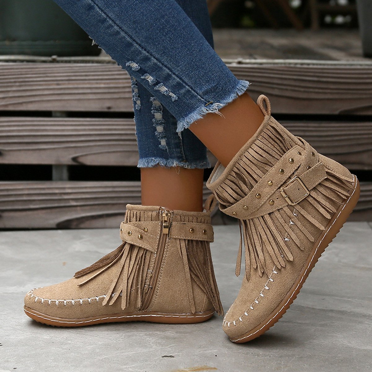 Women Studded fringed flat comfort boots