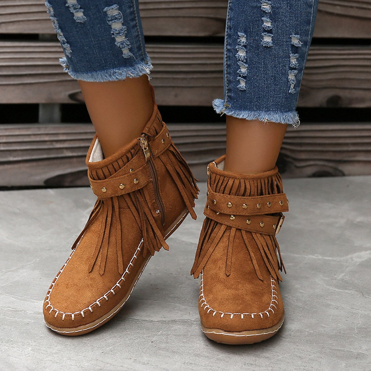 Women Studded fringed flat comfort boots