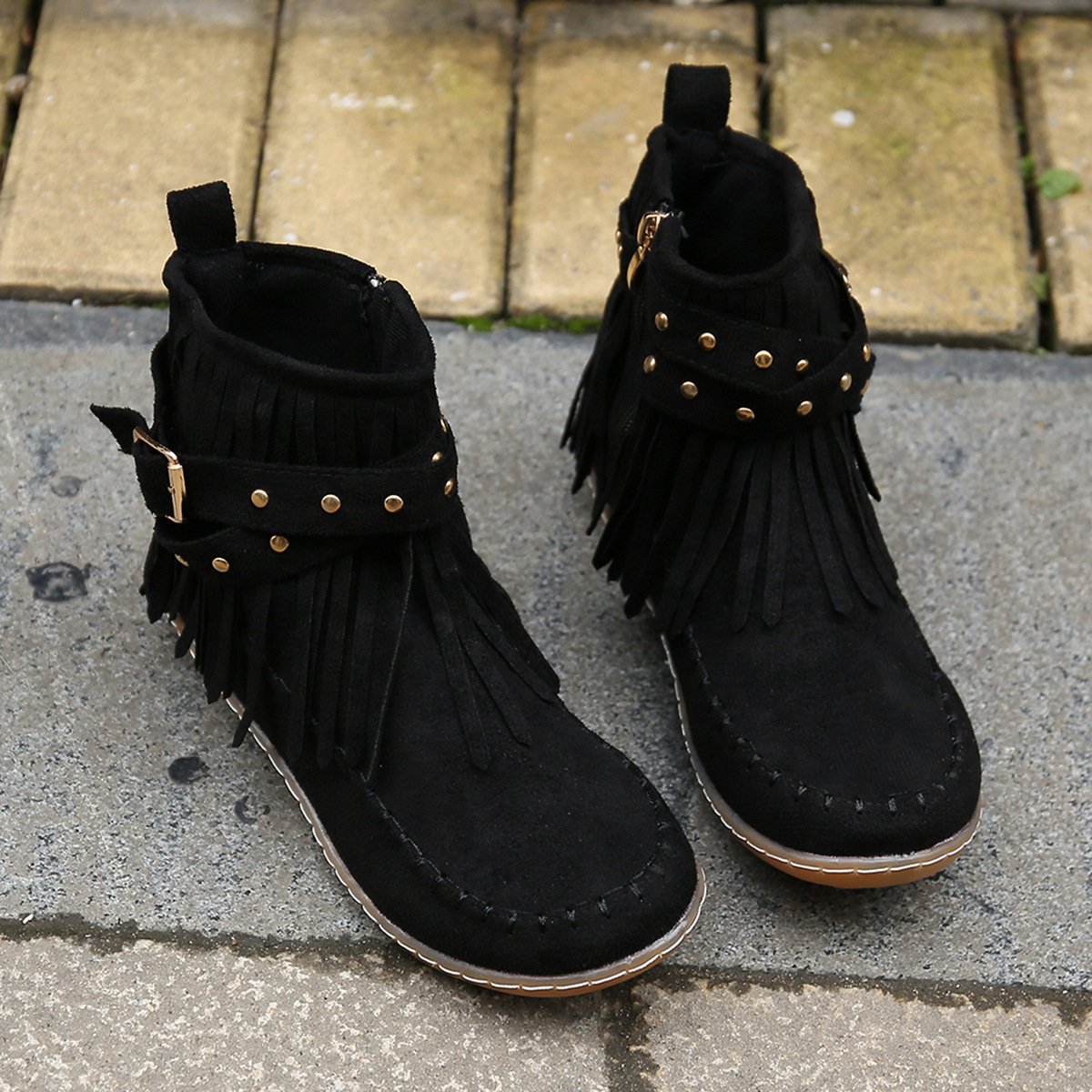 Women Studded fringed flat comfort boots