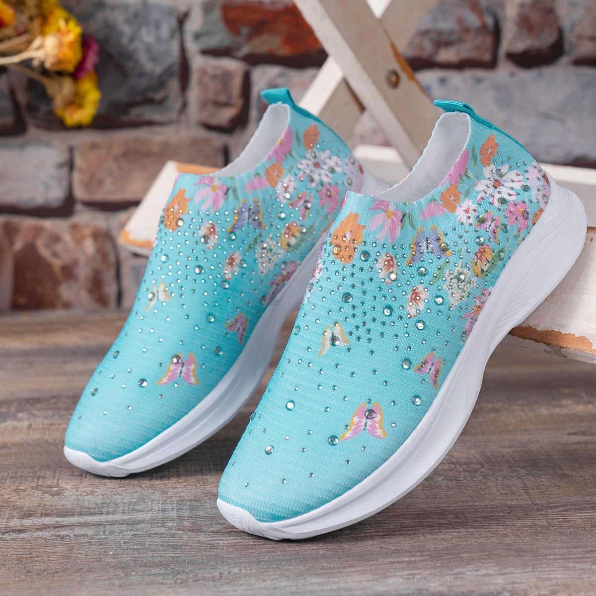 Floral Butterfly Waterdrop Print Breathable Slip-On Sneakers