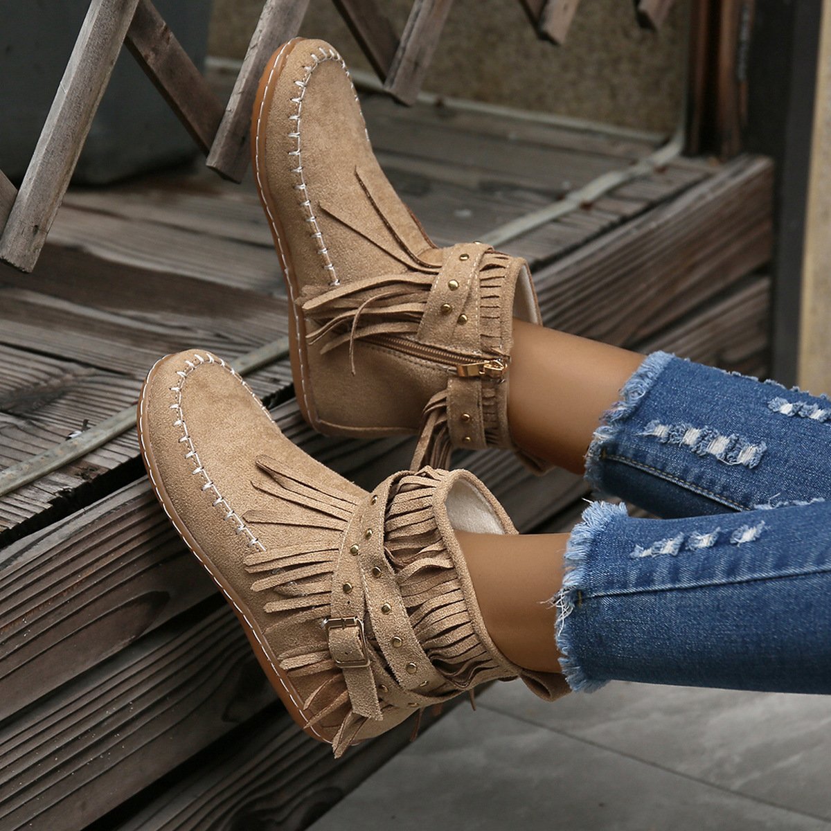 Women Studded fringed flat comfort boots