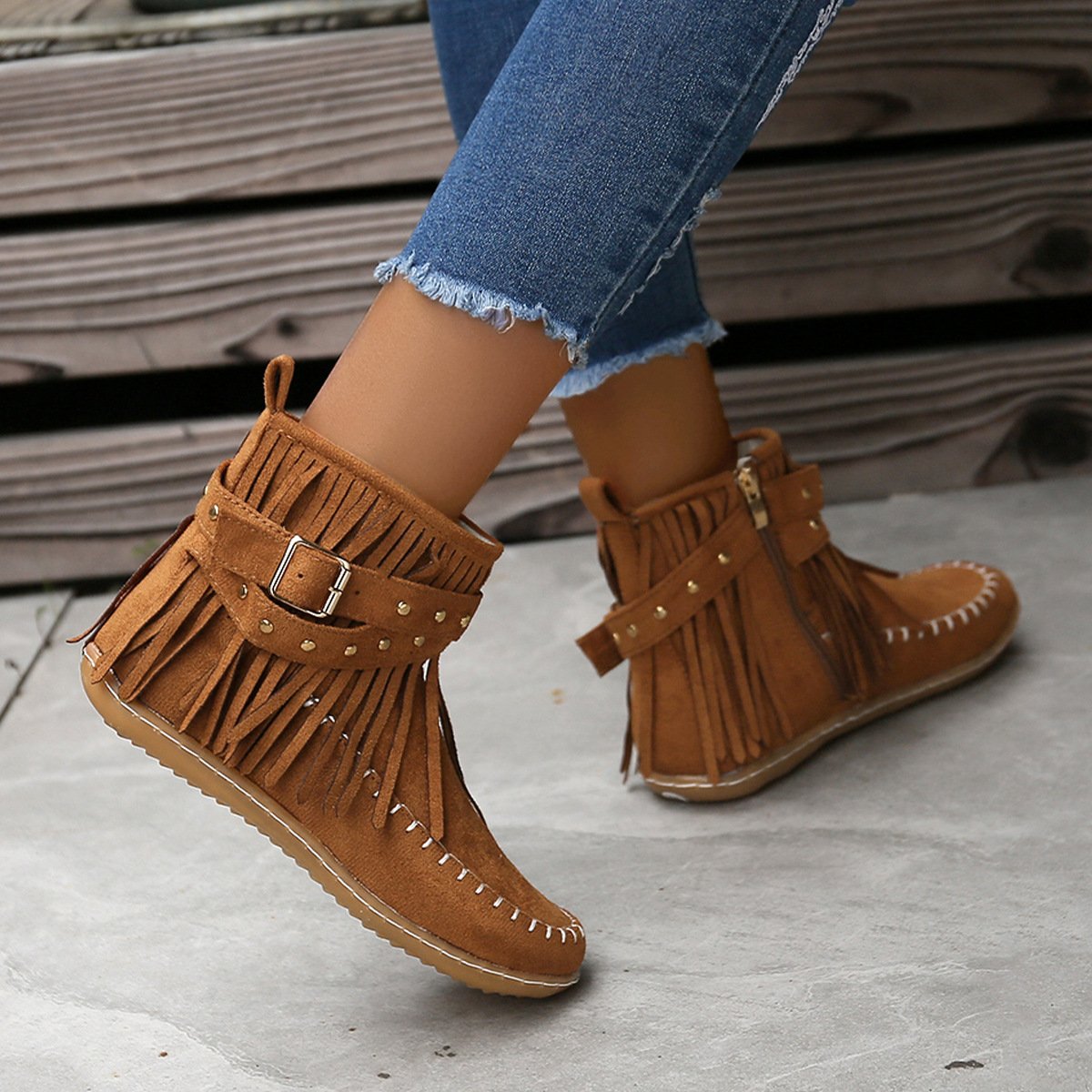 Women Studded fringed flat comfort boots