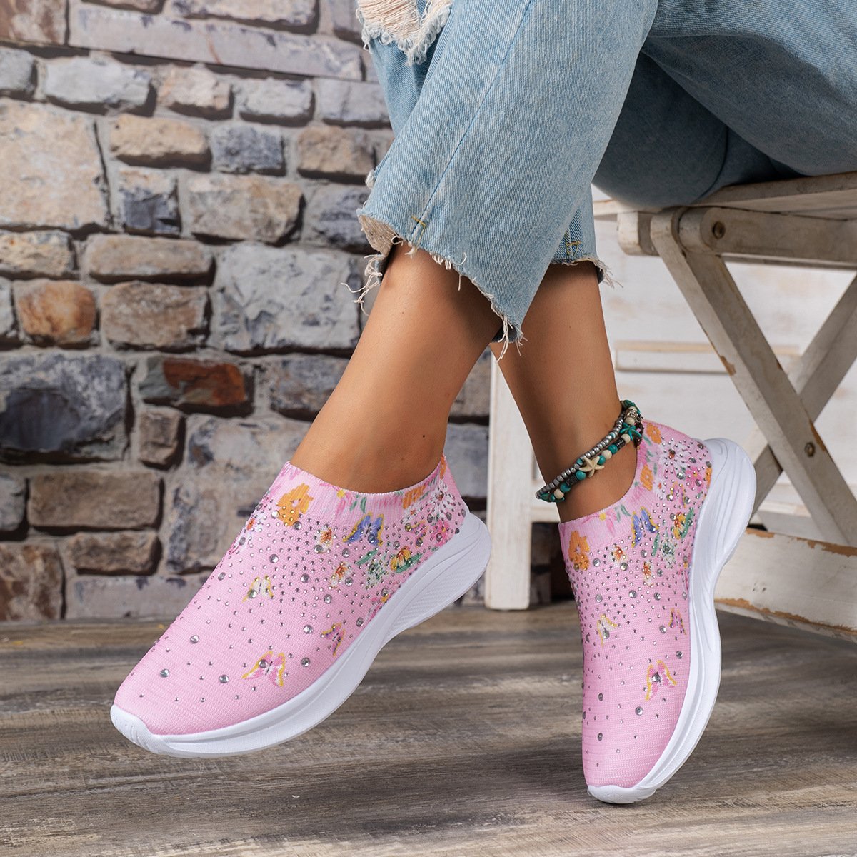 Floral Butterfly Waterdrop Print Breathable Slip-On Sneakers