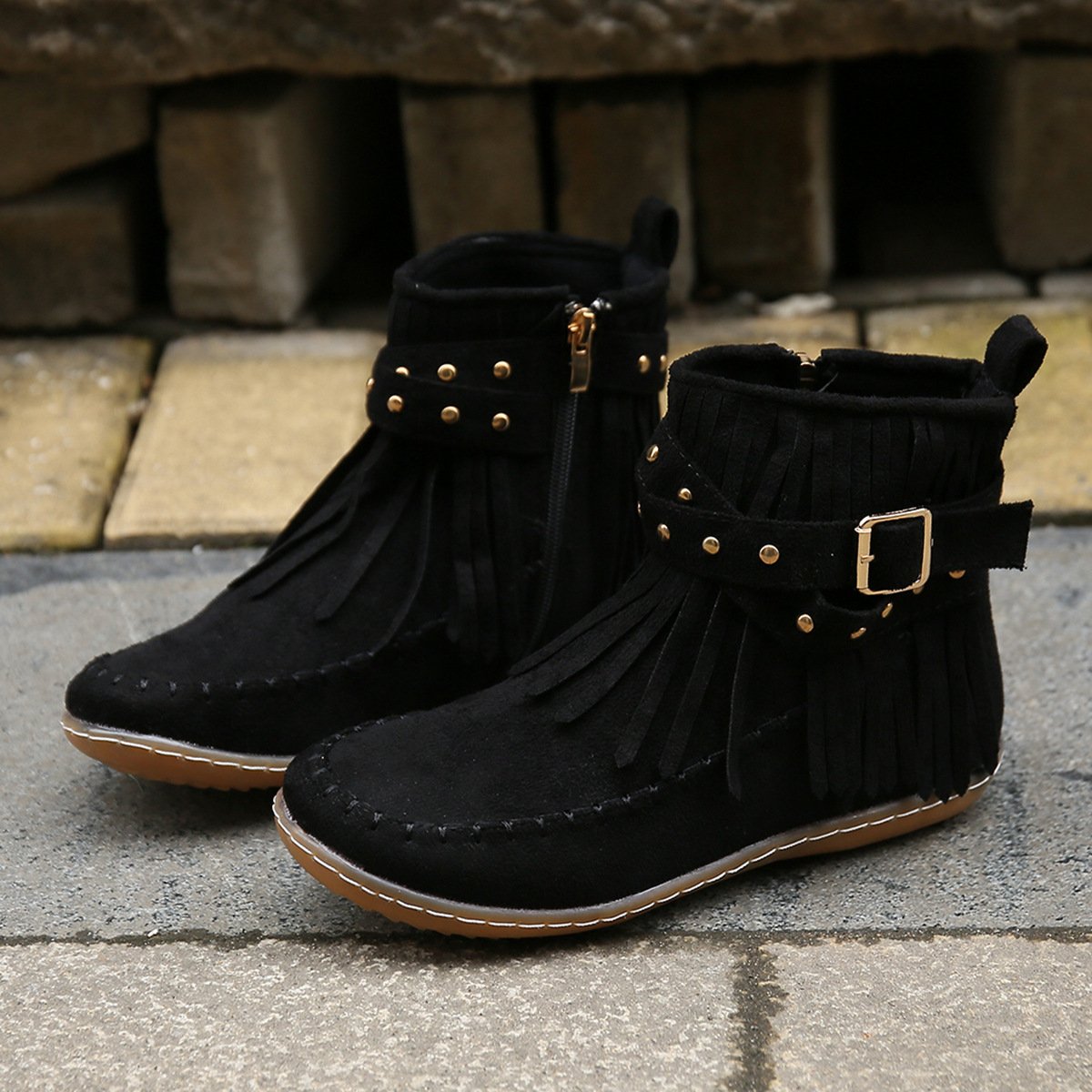 Women Studded fringed flat comfort boots