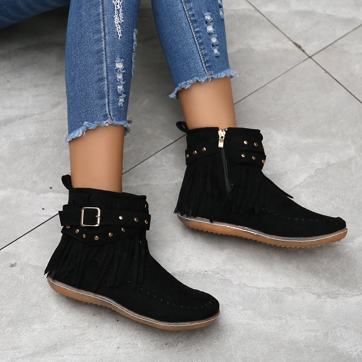 Women Studded fringed flat comfort boots