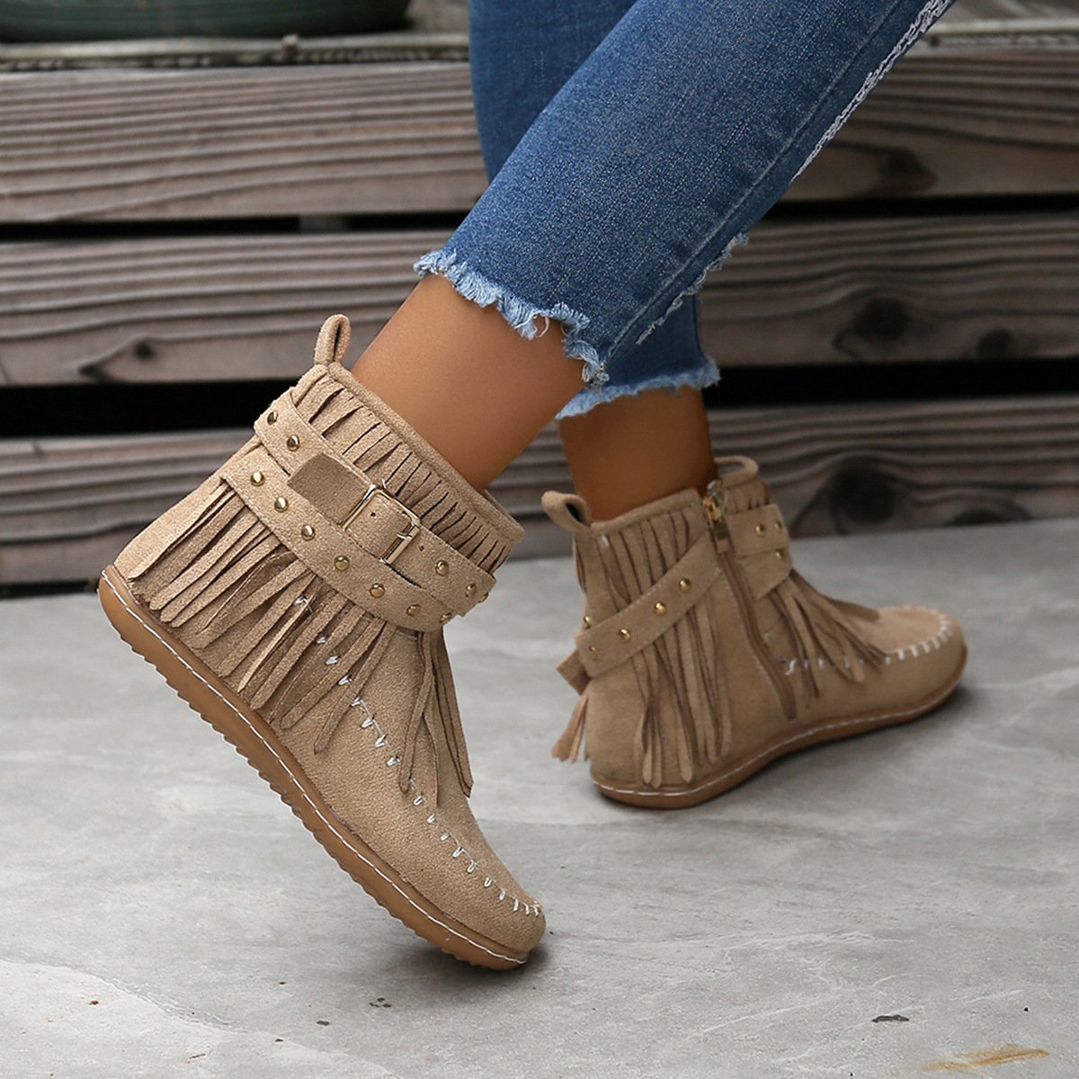 Women Studded fringed flat comfort boots