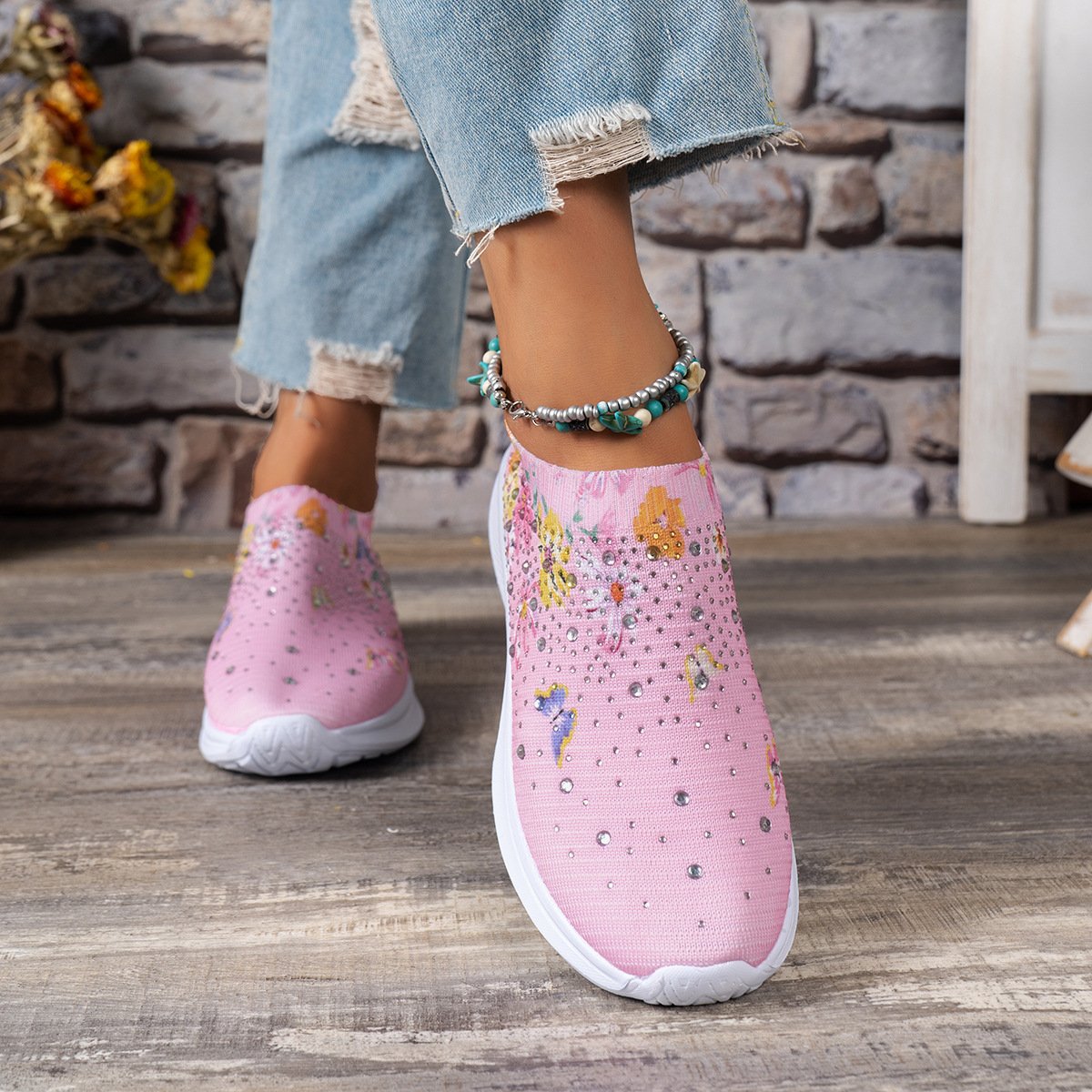 Floral Butterfly Waterdrop Print Breathable Slip-On Sneakers