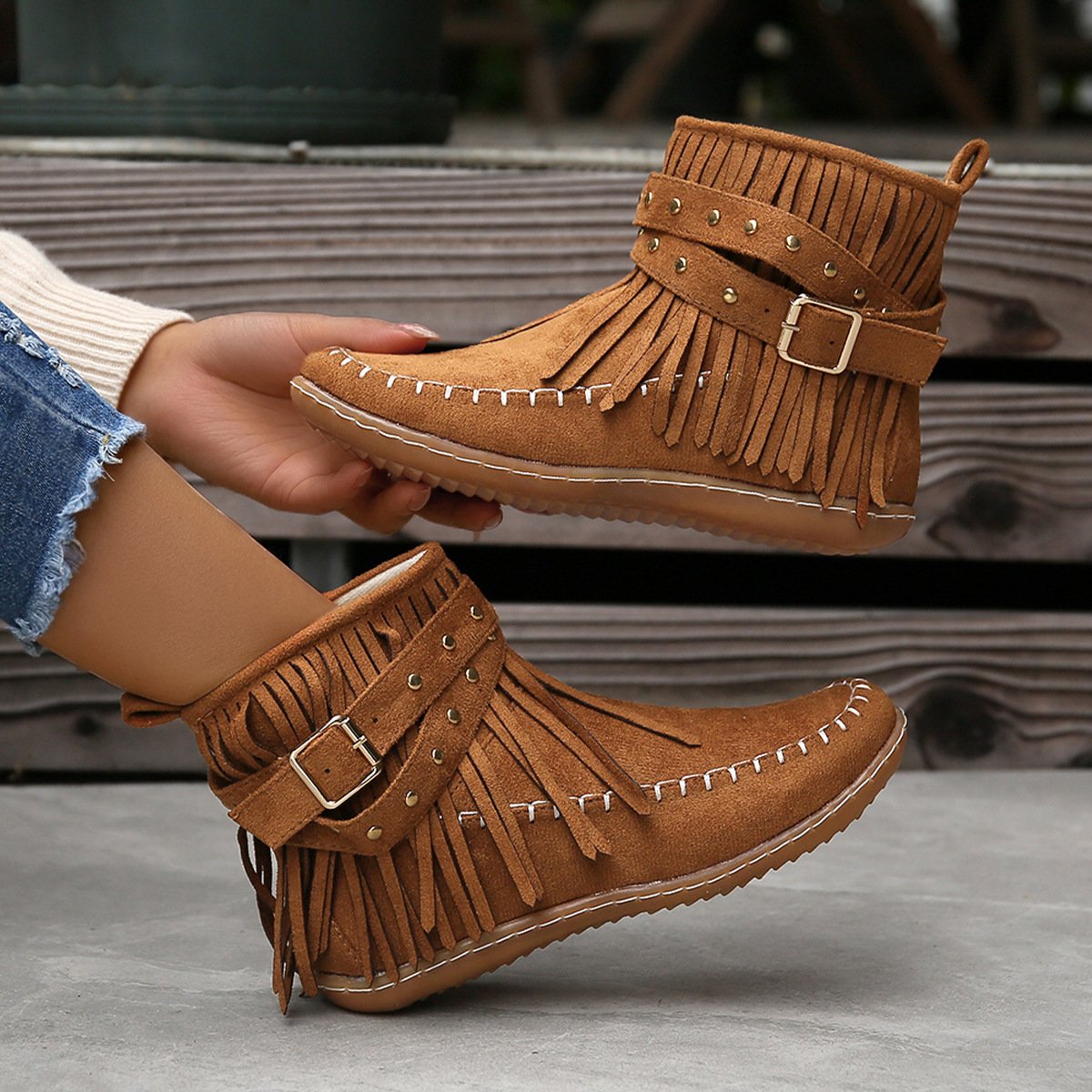 Women Studded fringed flat comfort boots