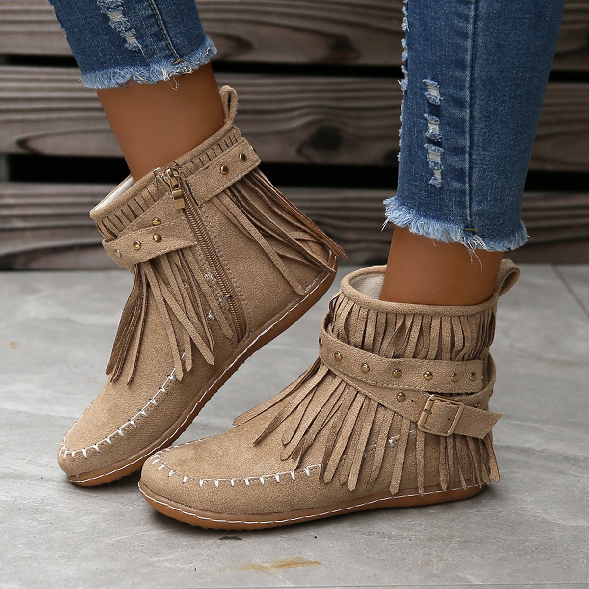 Women Studded fringed flat comfort boots