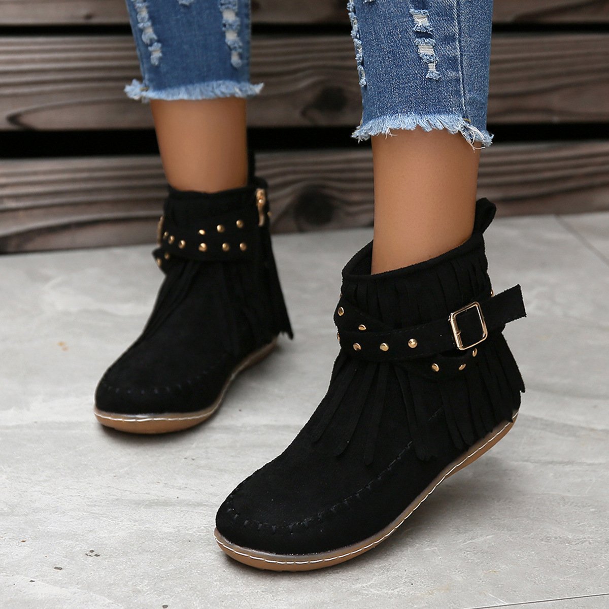 Women Studded fringed flat comfort boots