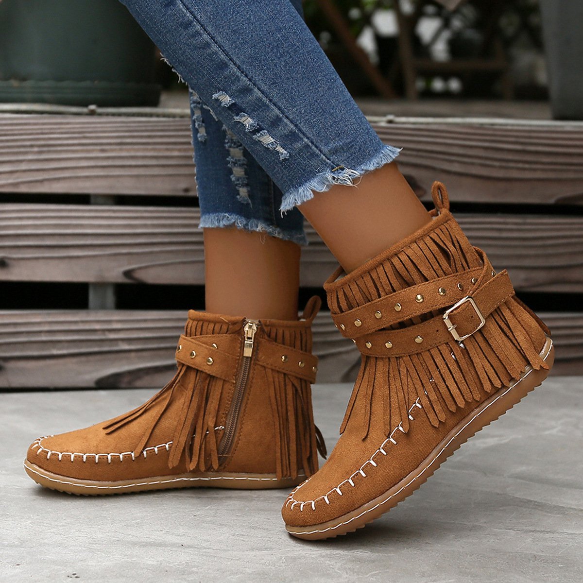 Women Studded fringed flat comfort boots