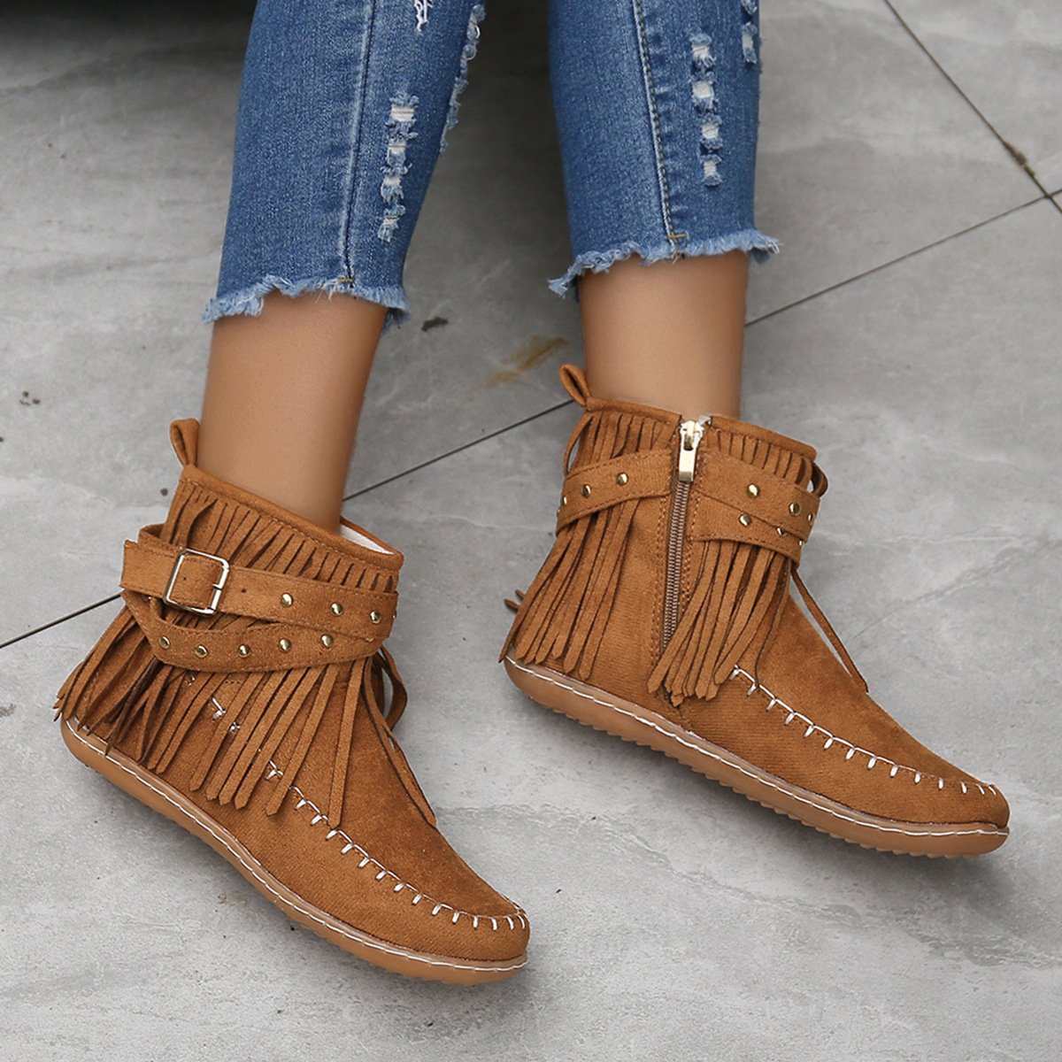 Women Studded fringed flat comfort boots