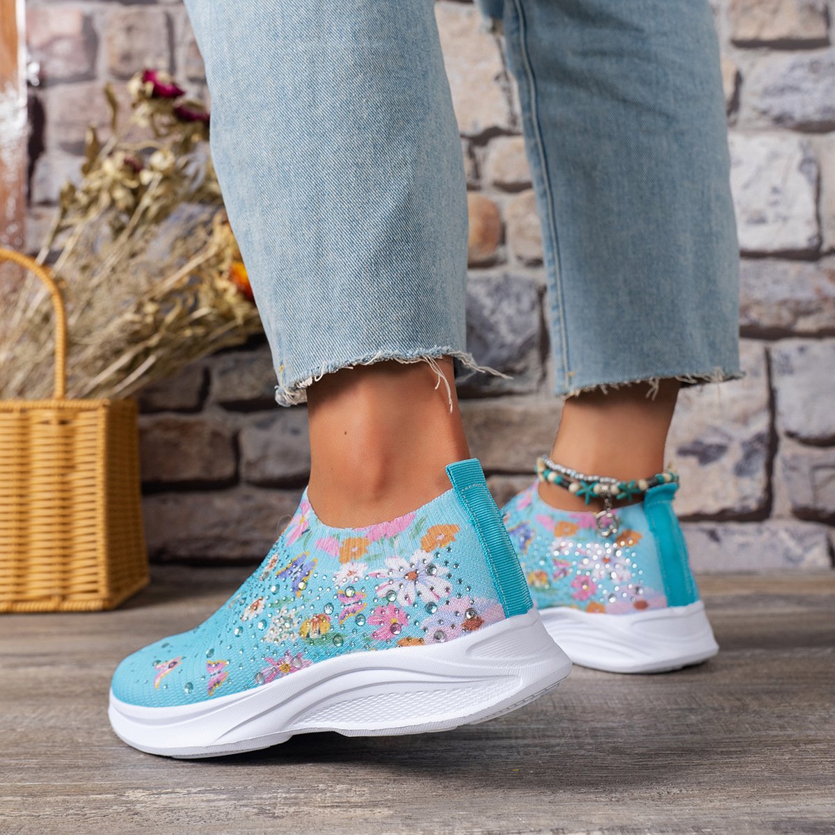 Floral Butterfly Waterdrop Print Breathable Slip-On Sneakers