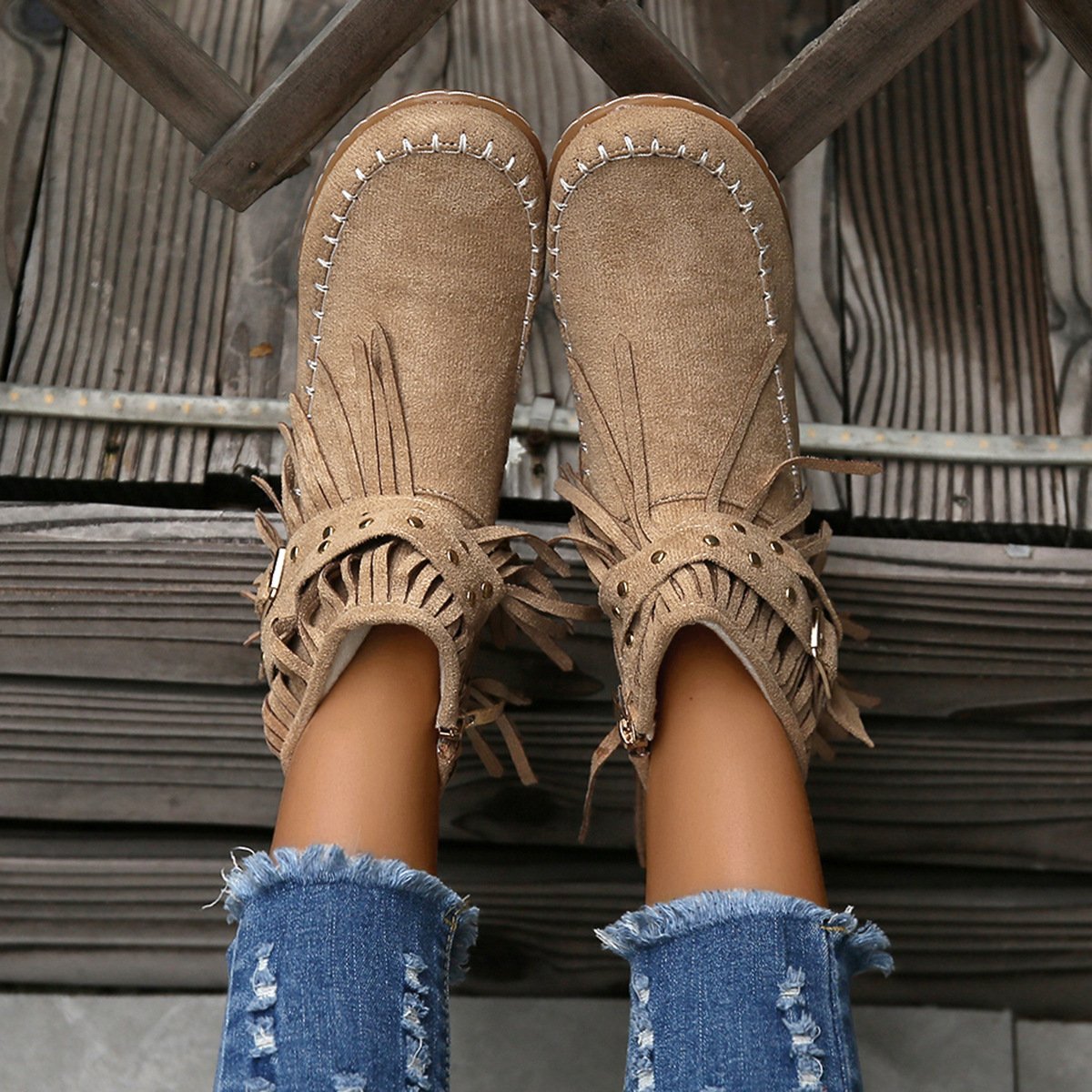 Women Studded fringed flat comfort boots