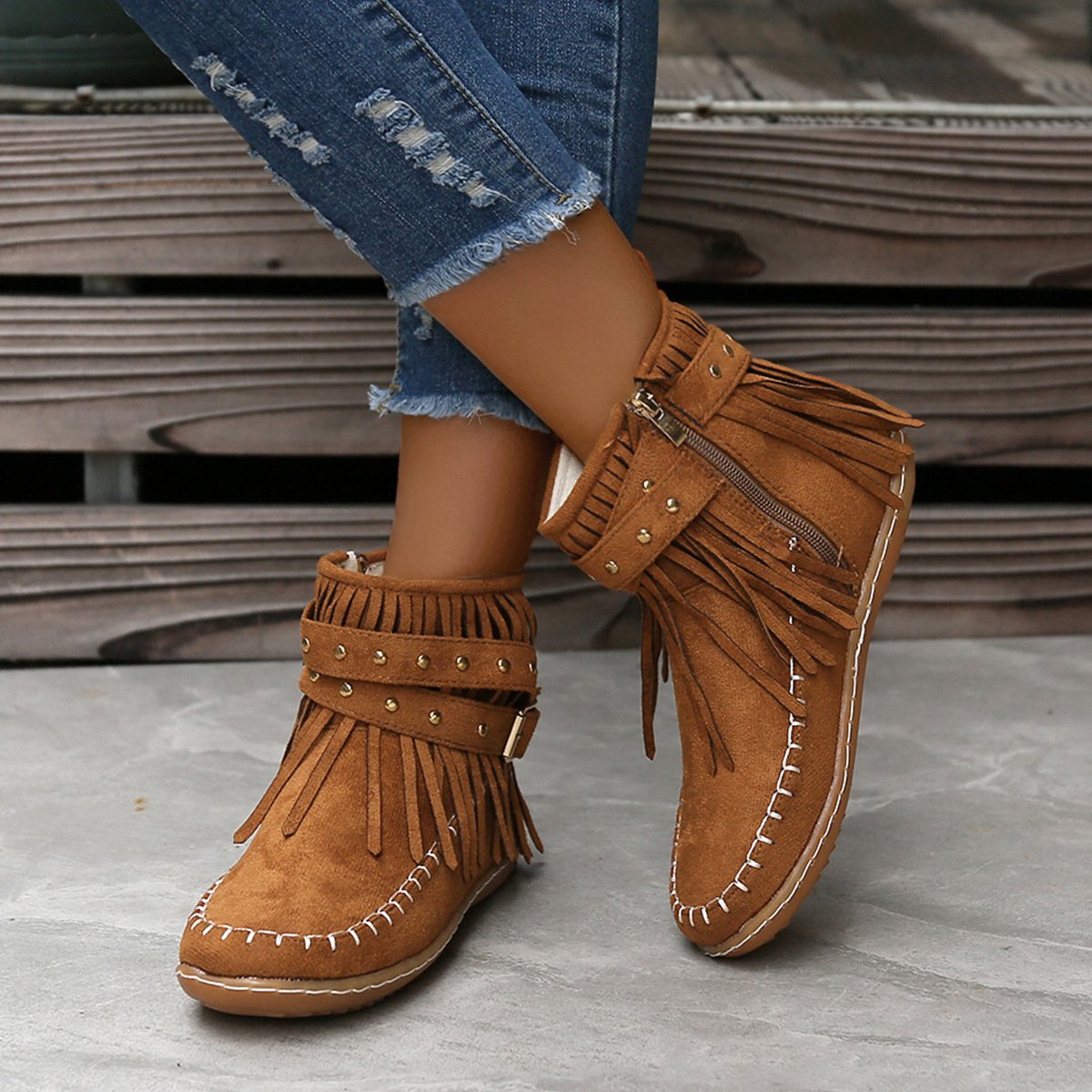 Women Studded fringed flat comfort boots