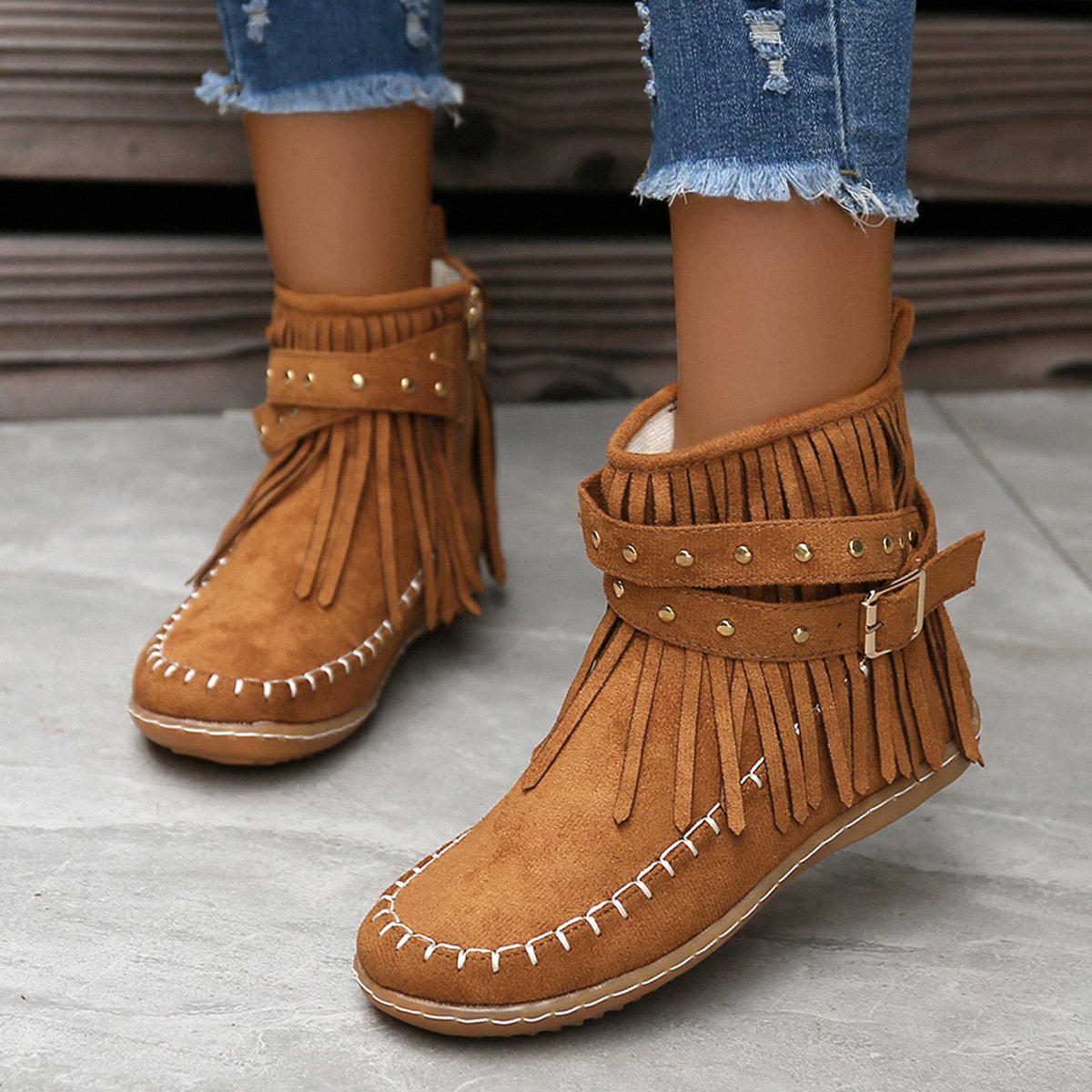 Women Studded fringed flat comfort boots