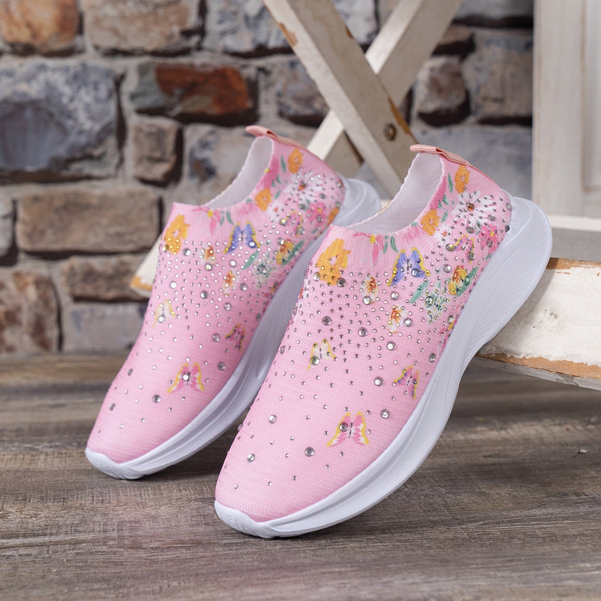 Floral Butterfly Waterdrop Print Breathable Slip-On Sneakers