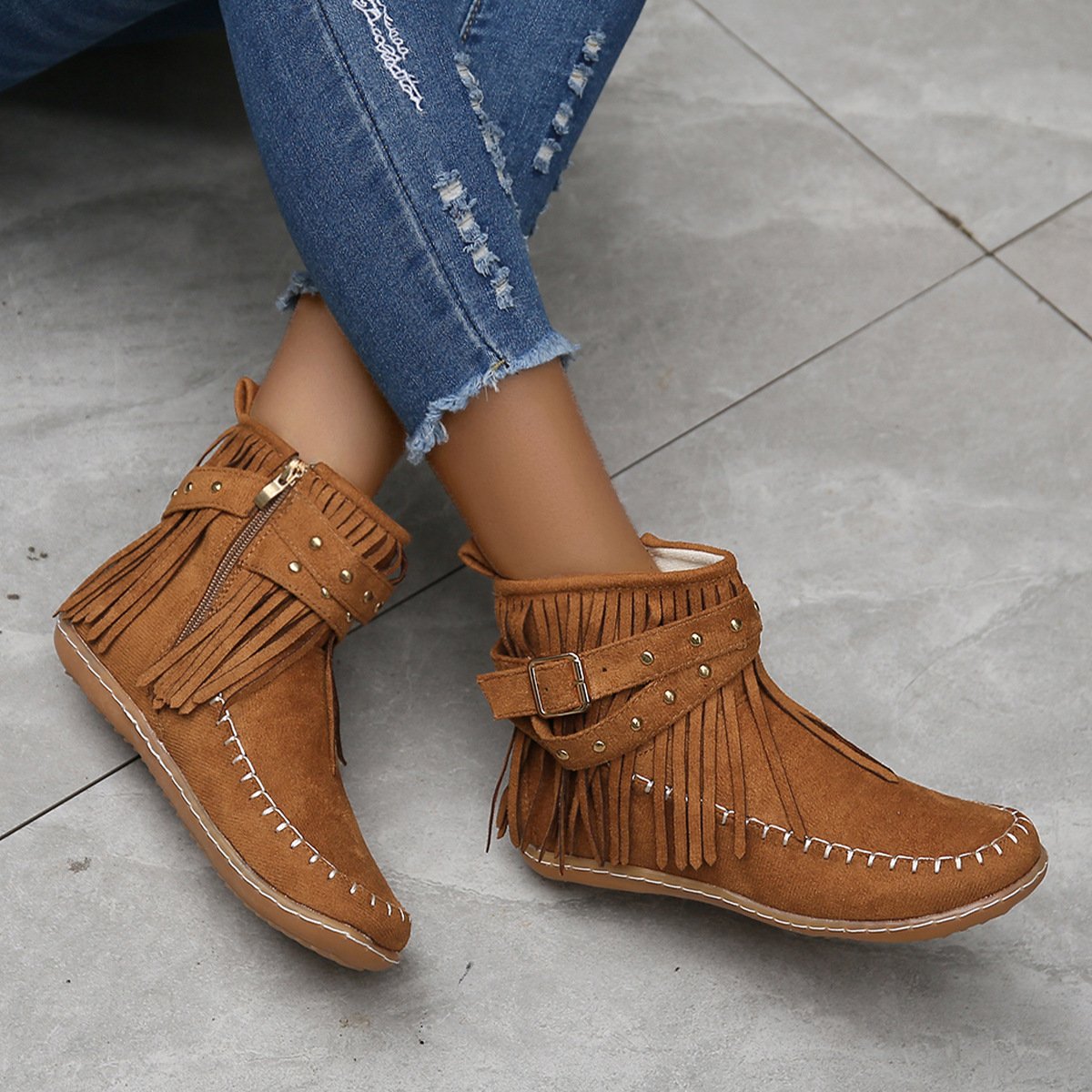 Women Studded fringed flat comfort boots