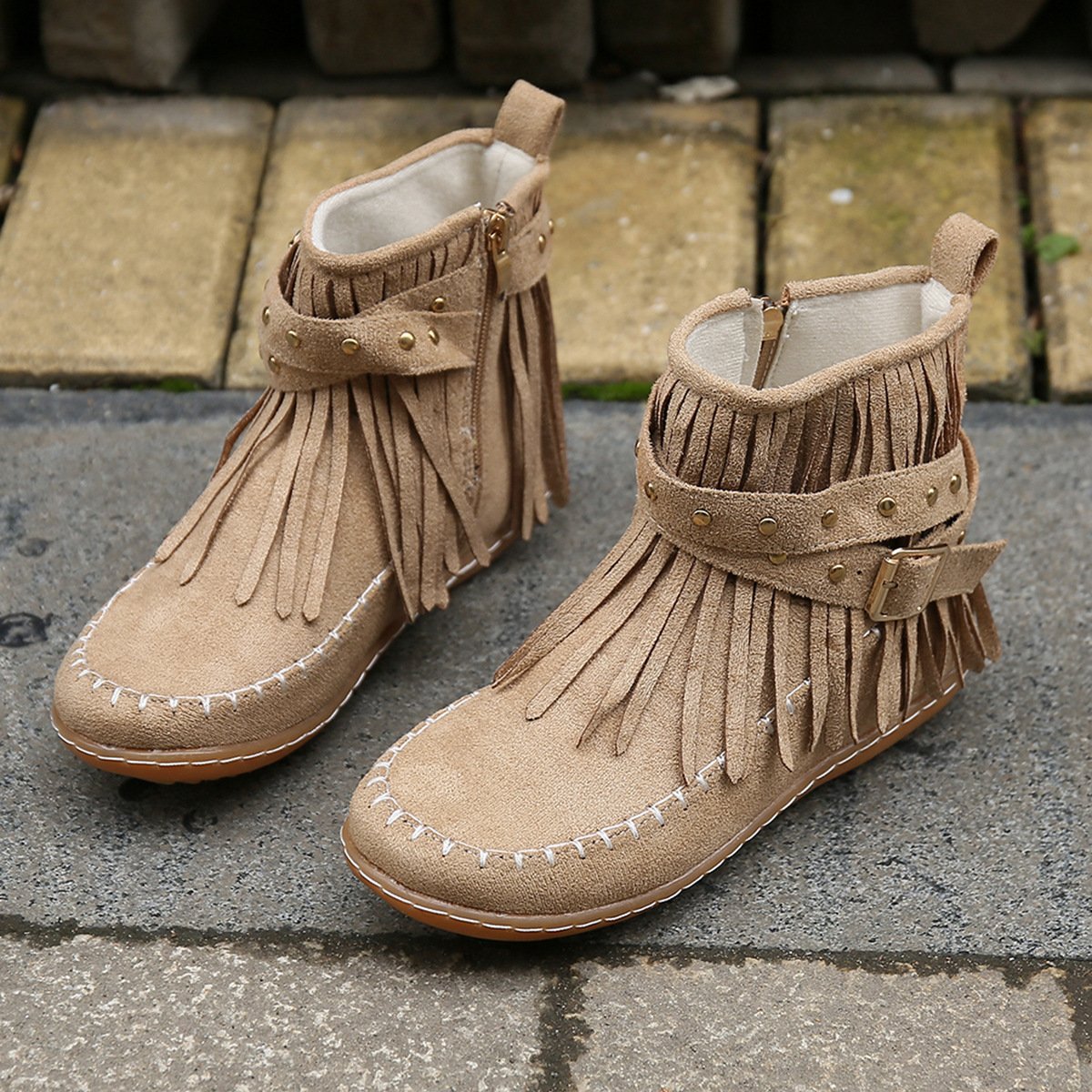 Women Studded fringed flat comfort boots