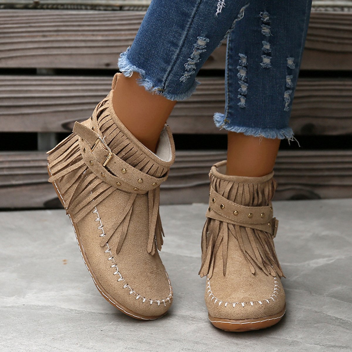 Women Studded fringed flat comfort boots