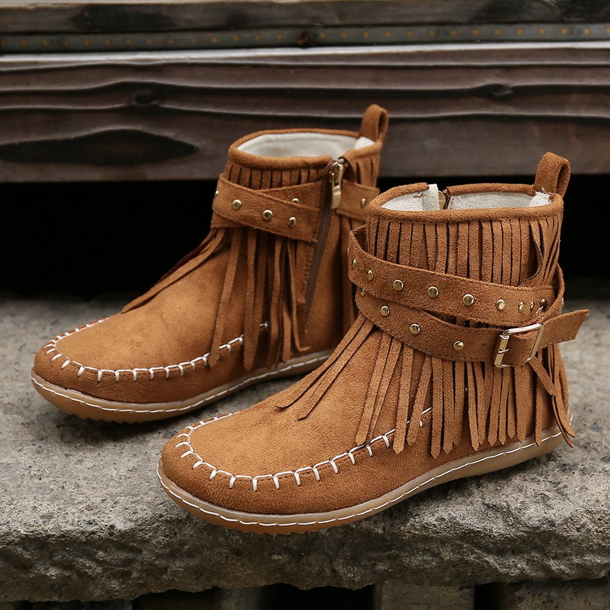 Women Studded fringed flat comfort boots