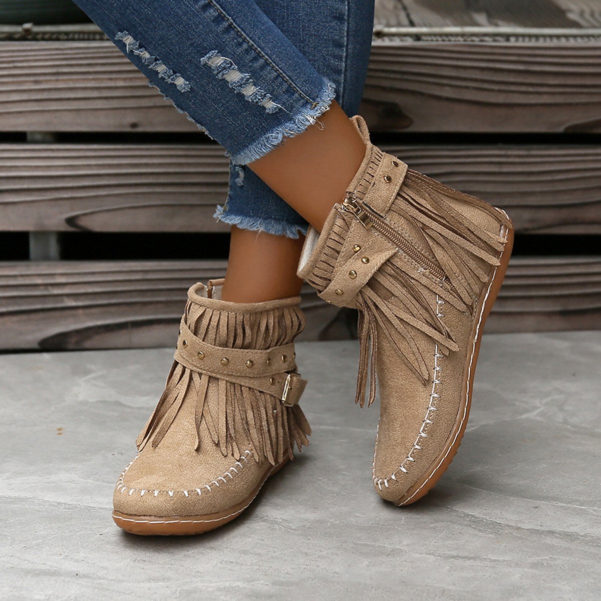 Women Studded fringed flat comfort boots