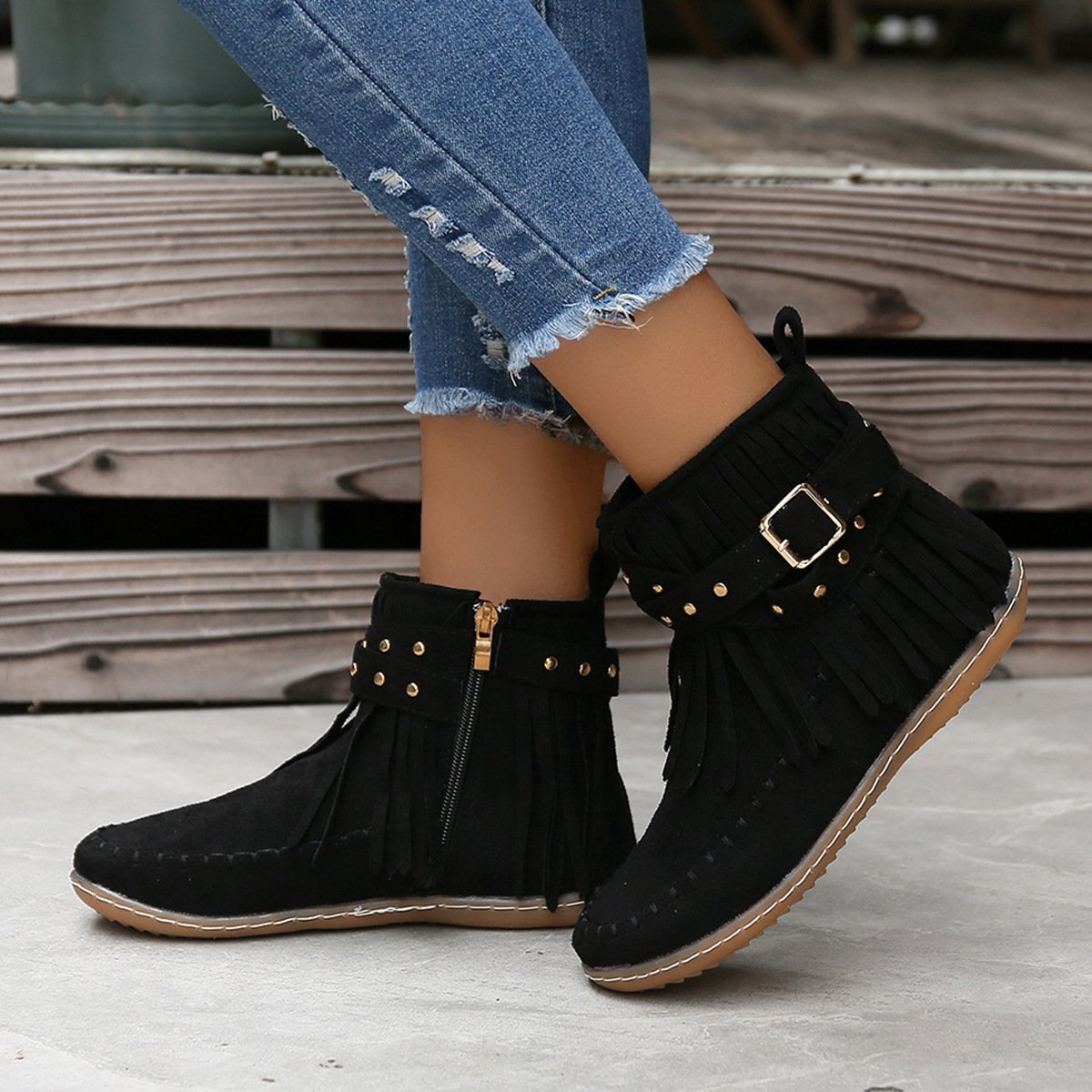 Women Studded fringed flat comfort boots