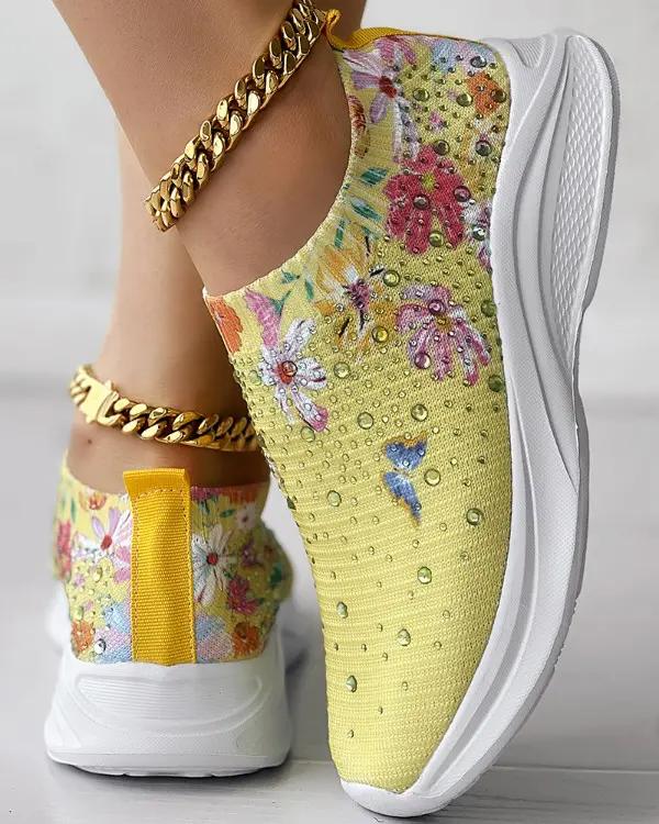 Floral Butterfly Waterdrop Print Breathable Slip-On Sneakers