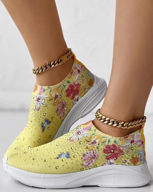 Floral Butterfly Waterdrop Print Breathable Slip-On Sneakers