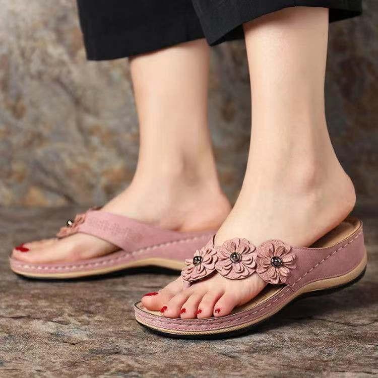 Floral thick-soled clip-toed vintage beach Slippers - fits
