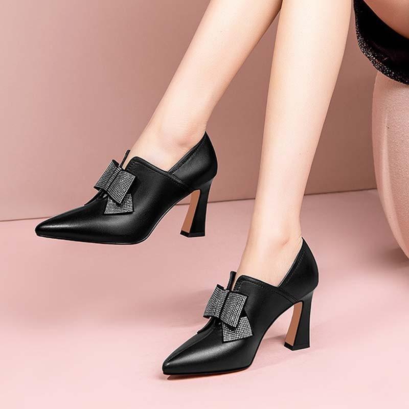 Thick heeled leather shoes rhinestone bow pointed high heels