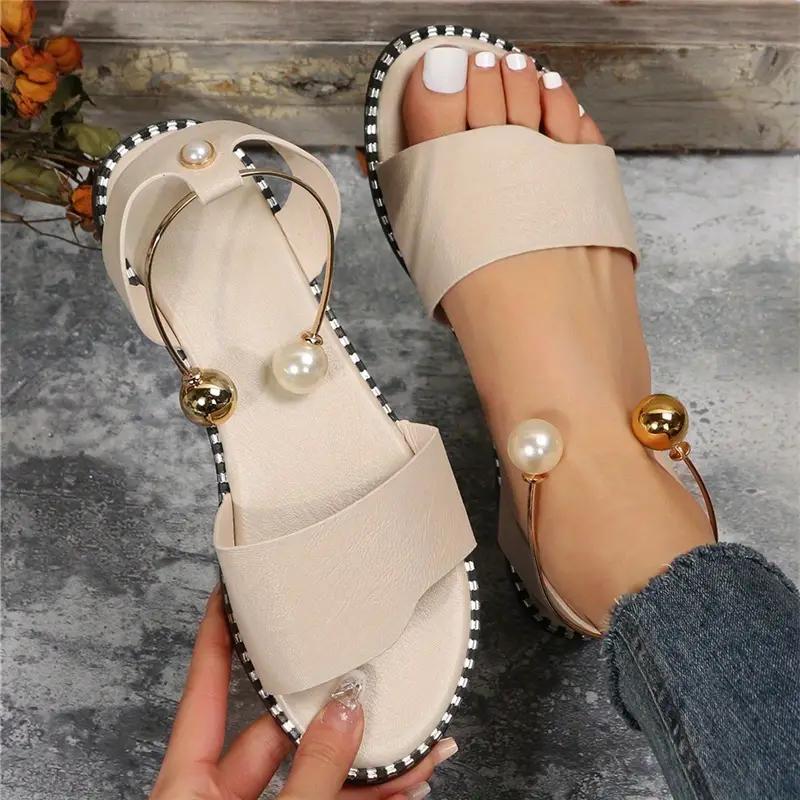 Women's Faux Pearl Metal Ankle Strap Flat Sandals - fits